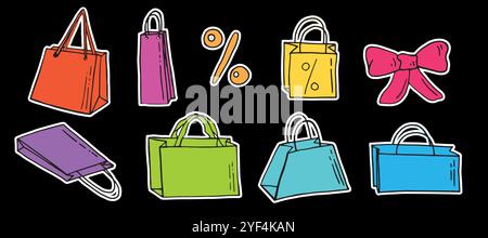 Set vettoriale di icone Black Doodle Shopping Bags. Adesivi disegnati a mano in vendita, shopping, web, pubblicità, Illustrazione Vettoriale