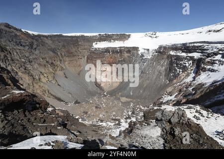 Paesaggio vulcanico della penisola di Kamchatka: Vista del grande cratere sommitale del vulcano attivo Tolbachik con versanti ripidi e ghiacciai. Estremo Oriente russo, Ka Foto Stock