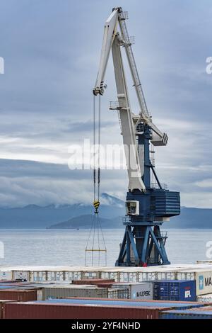 Gru a portale portuale e molti container per la spedizione di stoccaggio marittimo presso il terminal del porto marittimo sulla costa dell'Oceano Pacifico. Petropavlovsk-Kamchatsky City, Kam Foto Stock