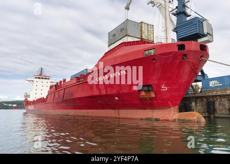 Gru a portale scarica nave container russa Sasco Angara Sakhalin Shipping Company al molo terminal container commerciale porto marittimo. Oceano Pacifico Foto Stock