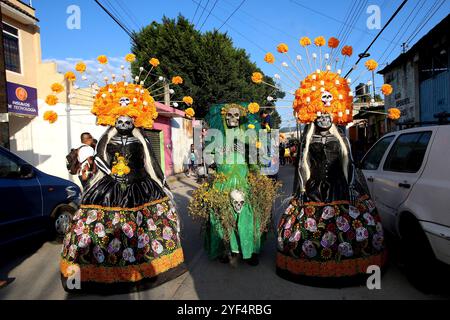 Oaxaca, Messico; 02.11.2024.- i residenti del quartiere Candiani nella città di Oaxaca si mettono in strada in costume e accompagnati da bande musicali per onorare il loro defunto. Inizia con una breve cerimonia a Santa Muerte e tra un drink e la musica camminano per le strade. Il giorno della celebrazione dei morti in alcune aree di questo Stato della Repubblica messicana dura quasi la metà del mese. Foto: Juan Carlos Rojas. Foto: Juan Carlos Rojas Foto Stock