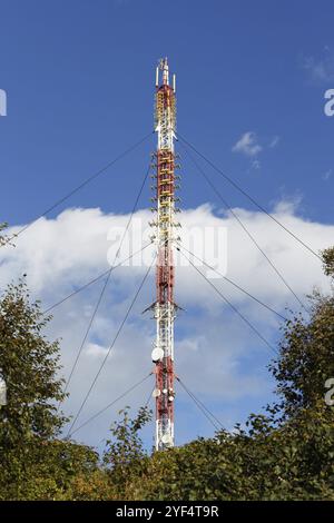 Torre di comunicazione con antenne canali di comunicazione wireless come una torre di telefonia mobile, una torre di telefonia cellulare, un palo telefonico, circondato da alberi davanti Foto Stock