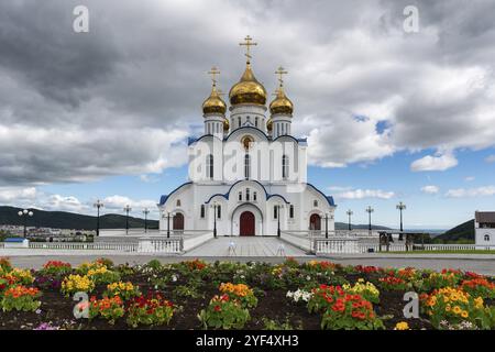 PETROPAVLOVSK KAMCHATSKY CITY, PENISOLA DI KAMCHATKA, RUSSIA, 17 agosto 2018: Cattedrale ortodossa della Santissima Trinità di Petropavlovsk, penisola di Kamchatka Dioces Foto Stock