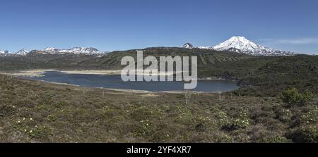 Panorama: Splendido paesaggio montano (vulcanico) della penisola di Kamchatka: Vista del lago di montagna e dell'attivo vulcano Ichinsky in una giornata di sole. Estremo Oriente, Foto Stock