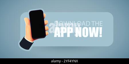 Scarica subito l'app. Banner di installazione dell'applicazione. Mano con lo smartphone. Illustrazione vettoriale Illustrazione Vettoriale