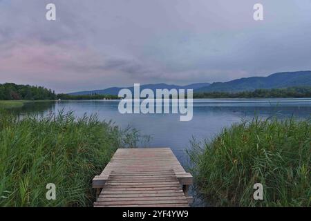 Una vista tranquilla di un lago tranquillo circondato da vegetazione lussureggiante e montagne lontane sotto un cielo nuvoloso. Un molo in legno si estende fino all'acqua, invitando tran Foto Stock
