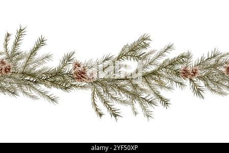 Rami di abete rosso verde con coni di abete in un bordo senza cuciture in stile realistico come simbolo del nuovo anno, Natale, vacanze con rami di abete. Per Foto Stock