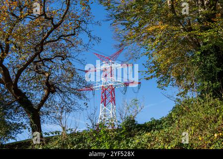 Rot-weiße Hochspannungsmasten vor tiefblauem Himmel im Herbst *** piloni rossi e bianchi ad alta tensione contro un cielo blu profondo in autunno Foto Stock