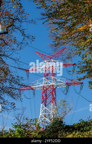 Rot-weiße Hochspannungsmasten vor tiefblauem Himmel im Herbst *** piloni rossi e bianchi ad alta tensione contro un cielo blu profondo in autunno Foto Stock