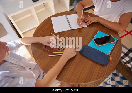 Due studenti collaborano a un progetto, scrivendo in quaderni su un tavolo di legno. Uno smartphone, una astuccio e matite colorate sono visibili, creando un Foto Stock