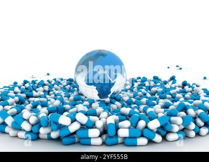 Pillole di medicina e mondo isolato su bianco. Illustrazione 3D Foto Stock