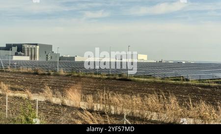 Vista aerea di una grande centrale elettrica sostenibile con molte file di pannelli solari fotovoltaici per la produzione di energia elettrica pulita al tramonto. Ren Foto Stock