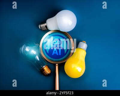 Strategia per soluzioni aziendali AI tecnologia bot, strumenti di ricerca dati concetto di servizio. Icona robot di intelligenza artificiale in lente di ingrandimento surrou Foto Stock