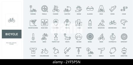 Bicicletta elettrica e mountain bike, tempo libero attivo, cartelli stradali sottili simboli di contorno neri illustrazione vettoriale. Parcheggio per biciclette e gare, accessori e attrezzi per ciclisti, set di icone della linea di trasporto della città. Illustrazione Vettoriale