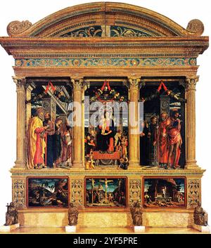Una grande pala d'altare dipinta da Andrea Mantegna tra il 1457 e il 1459 per l'altare maggiore di San Zeno, Verona (Italia). Fu commissionato da Gregorio Correr, l'abate di quel monastero. Foto Stock