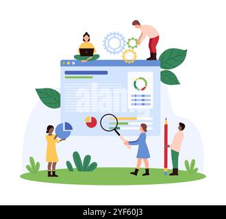 Gruppo che collabora alla valutazione dei dati aziendali su un grande schermo, all'analisi di grafici, grafici e informazioni, utilizzando strumenti come la lente d'ingrandimento e gli ingranaggi per migliorare l'illustrazione vettoriale delle prestazioni Illustrazione Vettoriale