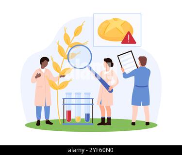 Scienziati che studiano l'allergia al glutine esaminando campioni di frumento e conducendo test di laboratorio, concentrandosi sull'illustrazione del vettore di diagnosi della celiachia. Illustrazione Vettoriale