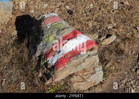 Waymark con bandiera austriaca, dipinto su una massiccia formazione rocciosa vicino a Serfaus Foto Stock