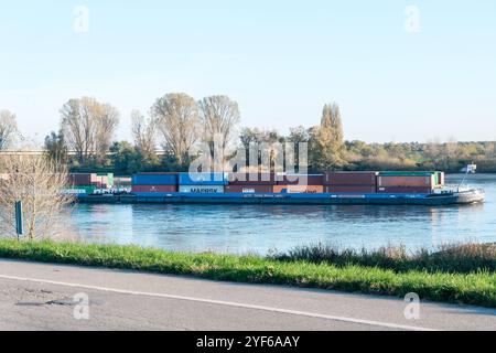 Düsseldorf 03.11.2024 Handelsschiff Statendam Rheinschiff Rheinschiffer Transportschiff Frachtschiff Frachtgut Stückgut Containerschiff container Frachtcontainer Lieferkette Lieferketten Lieferkettengesetz Transportwege Rhein bei Volmerswerth Seidenstraße Cosco Shipping Maersk HMM Magellan Triton Hapag-Lloyd Düsseldorf Nordrhein Düsseldorf 2024 Foto Stock