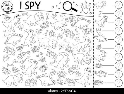 Dinosauro bianco e nero gioco spia per bambini. Ricerca e conteggio dell'attività della linea con T-rex, triceratops, stegosaurus. Lavoratrice stampabile preistorica Illustrazione Vettoriale
