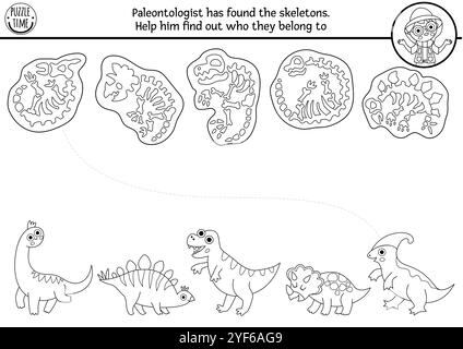 Attività di abbinamento bianco e nero dei dinosauri con gli animali carini e i loro scheletri. Puzzle di linea preistorica con T-rex, stegosauro. Abbina il gioco delle ossa. Di Illustrazione Vettoriale