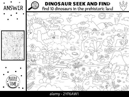 Caccia di dinosauri in bianco e nero vettoriali con paesaggi preistorici. Individua i donos nascosti nell'immagine. La linea del mondo antico cerca e trova istruzione Illustrazione Vettoriale