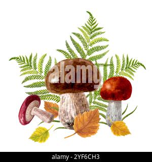 Composizione di funghi e foglie ad acquerello Foto Stock