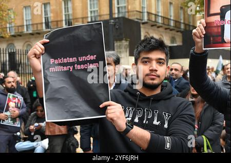 LONDRA, REGNO UNITO. 3 novembre 2024. La comunità pakistana chiede che l'ex primo ministro Imran Khan venga rilasciato immediatamente. I manifestanti del PTI UK sostengono che il Pakistan sia sotto il fascismo militare e la corruzione del governo pakistano. La detenzione illegale e politicamente motivata dell'ex primo ministro Imran Khan di fronte al 10 Downing Street a Londra, Regno Unito. (Foto di 李世惠/SEE li/Picture Capital) credito: Vedi li/Picture Capital/Alamy Live News Foto Stock