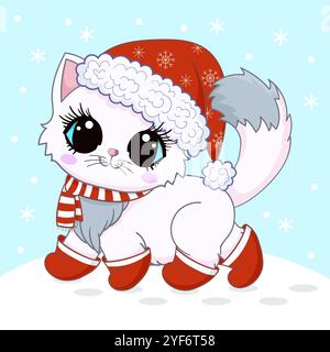 Carino gatto bianco cartoni animati con cappello rosso di Babbo Natale e stivali che camminano nella neve. Tema inverno, Natale e Capodanno. Per il design di stampe per bambini, po Illustrazione Vettoriale