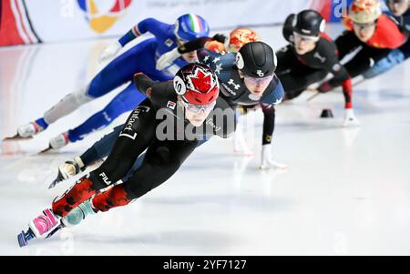 MONTREAL, QUEBEC, CANADA: Danae Blais dal Canada (10) gareggia durante la semifinale femminile di 1500 m all'evento ISU World Tour Short Track Speed Skating di Montreal, domenica 3 novembre 2024. Foto Graham Hughes/Freelance credito: Graham Hughes/Alamy Live News Foto Stock