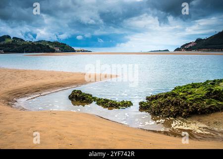 Playa San Antonio, riserva della Biosfera Urdaibai dell'UNESCO, complesso Antzora Auzoa e Chiesa di Santa Maria sullo sfondo Foto Stock