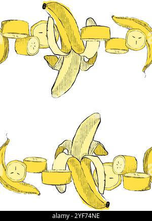 Bordo senza cuciture del vettore di frutta tropicale per asciugamano, tovagliolo, stampa tovaglia. Cibo vegano alla banana in stile grafico come un design ripetuto. Illustrazione Vettoriale