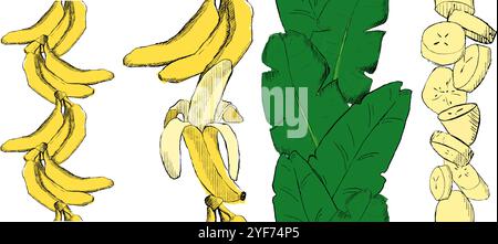 Set di vettori verticali a banana con bordo senza cuciture. illustrazione grafica di banane, fette, foglie tropicali Illustrazione Vettoriale
