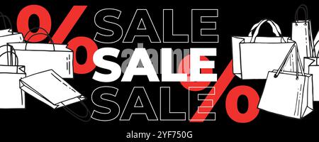 Big sale Banner Design per il negozio online in stile piatto. Sconto. Shopping bag doodle. vettore. Illustrazione Vettoriale