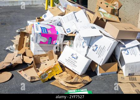 Los Angeles, California, Stati Uniti - 03-12-2019: Vista di una pila di scatole di cartone per il trasporto di cibo accanto al cassonetto. Foto Stock