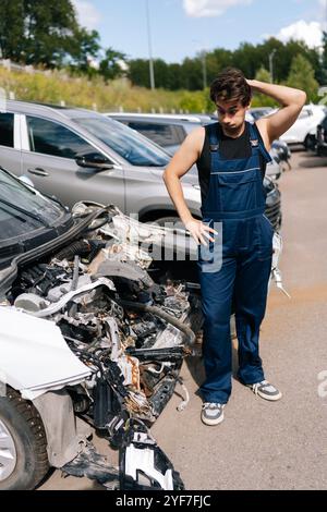 Ritratto verticale a tutta lunghezza del meccanico perplesso che si chiede di guardare il paraurti dell'auto pensando a come riparare dopo un incidente durante la riparazione dell'auto Foto Stock