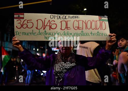 Bogotà, Colombia. 3 novembre 2024. Gli attivisti pro-palestinesi partecipano a una manifestazione a sostegno della Palestina e del Libano, mentre il conflitto israelo-Hamas segna un anno il 7 ottobre 2024. I manifestanti si sono riuniti all'ambasciata degli Stati Uniti a Bogotà, Colombia. Foto di: Cristian Bayona/Long Visual Press credito: Long Visual Press/Alamy Live News Foto Stock