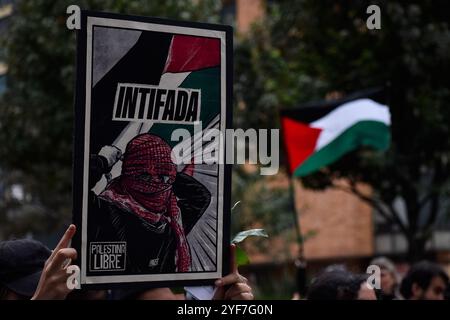 Bogotà, Colombia. 3 novembre 2024. Gli attivisti pro-palestinesi partecipano a una manifestazione a sostegno della Palestina e del Libano, mentre il conflitto israelo-Hamas segna un anno il 7 ottobre 2024. I manifestanti si sono riuniti all'ambasciata degli Stati Uniti a Bogotà, Colombia. Foto di: Cristian Bayona/Long Visual Press credito: Long Visual Press/Alamy Live News Foto Stock