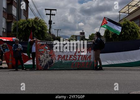 Bogotà, Colombia. 3 novembre 2024. Gli attivisti pro-palestinesi partecipano a una manifestazione a sostegno della Palestina e del Libano, mentre il conflitto israelo-Hamas segna un anno il 7 ottobre 2024. I manifestanti si sono riuniti all'ambasciata degli Stati Uniti a Bogotà, Colombia. Foto di: Cristian Bayona/Long Visual Press credito: Long Visual Press/Alamy Live News Foto Stock