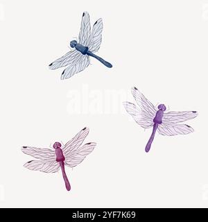 Serie di libellule. Blu, rosa e viola. dipinto ad acquerello in uno stile realistico. Isolato su sfondo bianco. Adatto per la stampa su tessuti. inviti. e per la progettazione Foto Stock