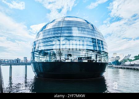 Singapore - 14 agosto 2024: Vista notturna delle Apple Marina Bay Sands con sfondo grattacielo Foto Stock
