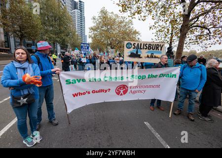 Londra, Regno Unito. 3 novembre 2024. Gli attivisti per l'ambiente partecipano a una marcia per l'acqua pulita. Gli attivisti hanno invitato il governo ad agire per prevenire l'inquinamento delle acque costiere e dei fiumi del Regno Unito e per garantire che le industrie inquinanti migliorino le loro infrastrutture e riducano gli sprechi idrici. Crediti: Mark Kerrison/Alamy Live News Foto Stock