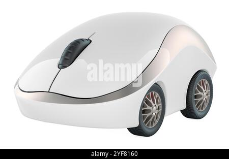 Mouse per computer con ruote per auto, rendering 3D isolato su sfondo bianco Foto Stock