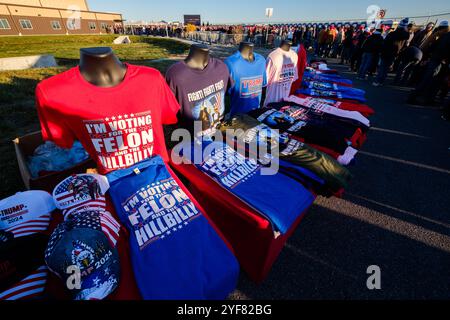 Lititz, Pennsylvania, Stati Uniti. 3 novembre 2024., Trump paraphernalia in mostra come sostenitori dell'ex presidente degli Stati Uniti Donald J. Trump si mettono in fila per partecipare a un raduno in cui Trump ha parlato a Lititz, Pennsylvania, appena due giorni prima del giorno delle elezioni 2024. La Pennsylvania e' uno stato cruciale per le elezioni. Crediti: John Lazenby/Alamy Live News Foto Stock