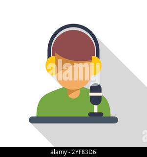L'host radio parla con il microfono e indossa le cuffie durante una trasmissione dal vivo Illustrazione Vettoriale