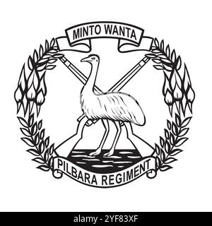 Stemma militare raffigurante il Pilbara Regiment dell'insegna Australian Army Reserve che mostra un emu, incrociati 303 fucili e rami di Sturt's des Illustrazione Vettoriale