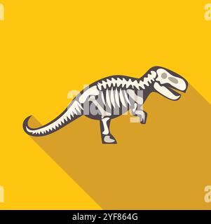 Scheletro completo di dinosauro che cammina su sfondo giallo, lunga ombra Illustrazione Vettoriale