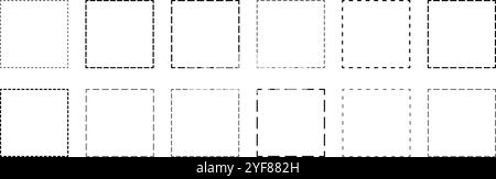 Set di forme geometriche quadrate con linee tratteggiate. Figure tratteggiate isolate su sfondo bianco. Semplice taglio qui pittogrammi. Illustrazione del profilo vettoriale. Illustrazione Vettoriale