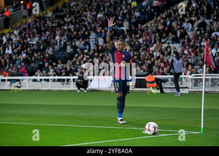 Barcellona, ESP. 3 novembre 2024. FC BARCELONA VS RCD ESPANYOL. 3 novembre 2024 Raphina (11) del FC Barcelona durante la partita tra FC Barcelona e RCD Espanyol corrispondente alla dodicesima giornata di la Liga EA Sports allo Stadio Olimpico Lluis Companys di Montjuic a Barcellona, Spagna. Crediti: Rosdemora/Alamy Live News Foto Stock