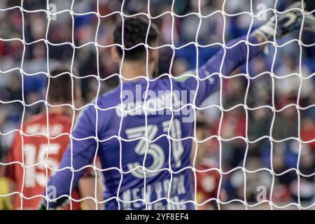 Harrison, Stati Uniti. 3 novembre 2024. Il numero 31 Carlos Coronel, portiere dei New York RedBulls dirige la sua difesa in una partita casalinga contro i Columbus Crew a Harrison, New Jersey, il 3 novembre 2024. (Foto di Jonathan Fernandes/Sipa USA) credito: SIPA USA/Alamy Live News Foto Stock